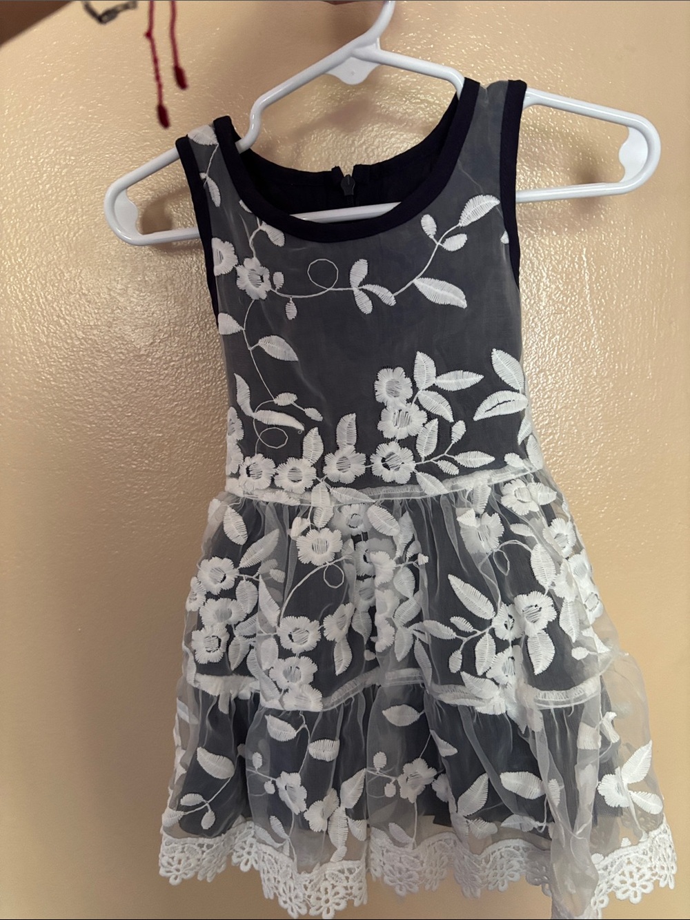 Girls Black Dress with White Floral Lace Overlay